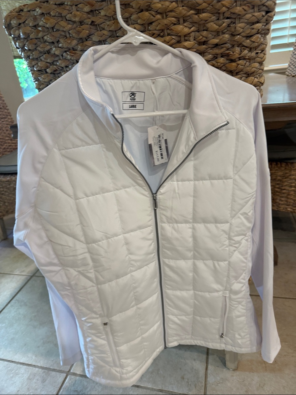 Lightweight White Quilted Puffer Jacket Wast Management logo on left sleeve